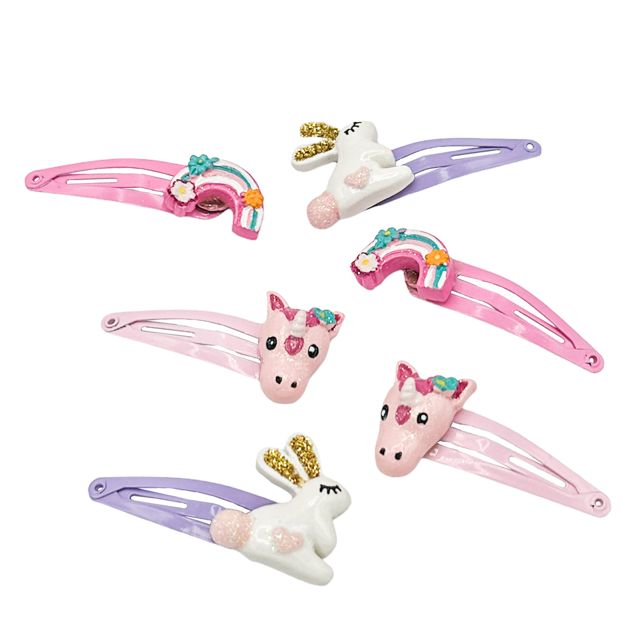 Haarspangen Set Hase, Einhorn und Regenbogen (rosa pink lila | 6 Stück)