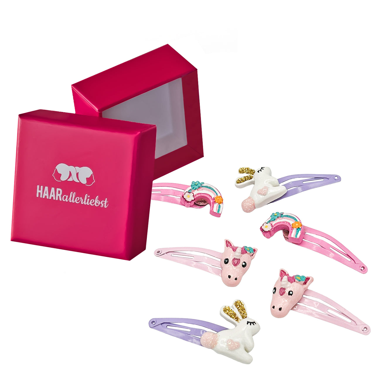 Haarspangen Set Hase, Einhorn und Regenbogen (rosa pink lila | 6 Stück)