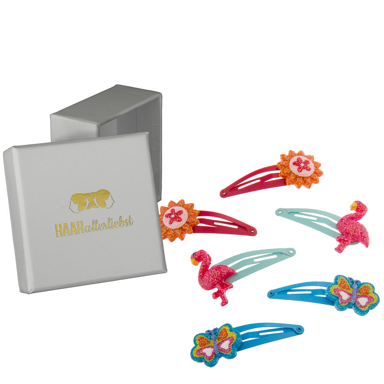 Haarspangen Set Flamingo Schmetterling Blume (glitzernd | 6 Stück)