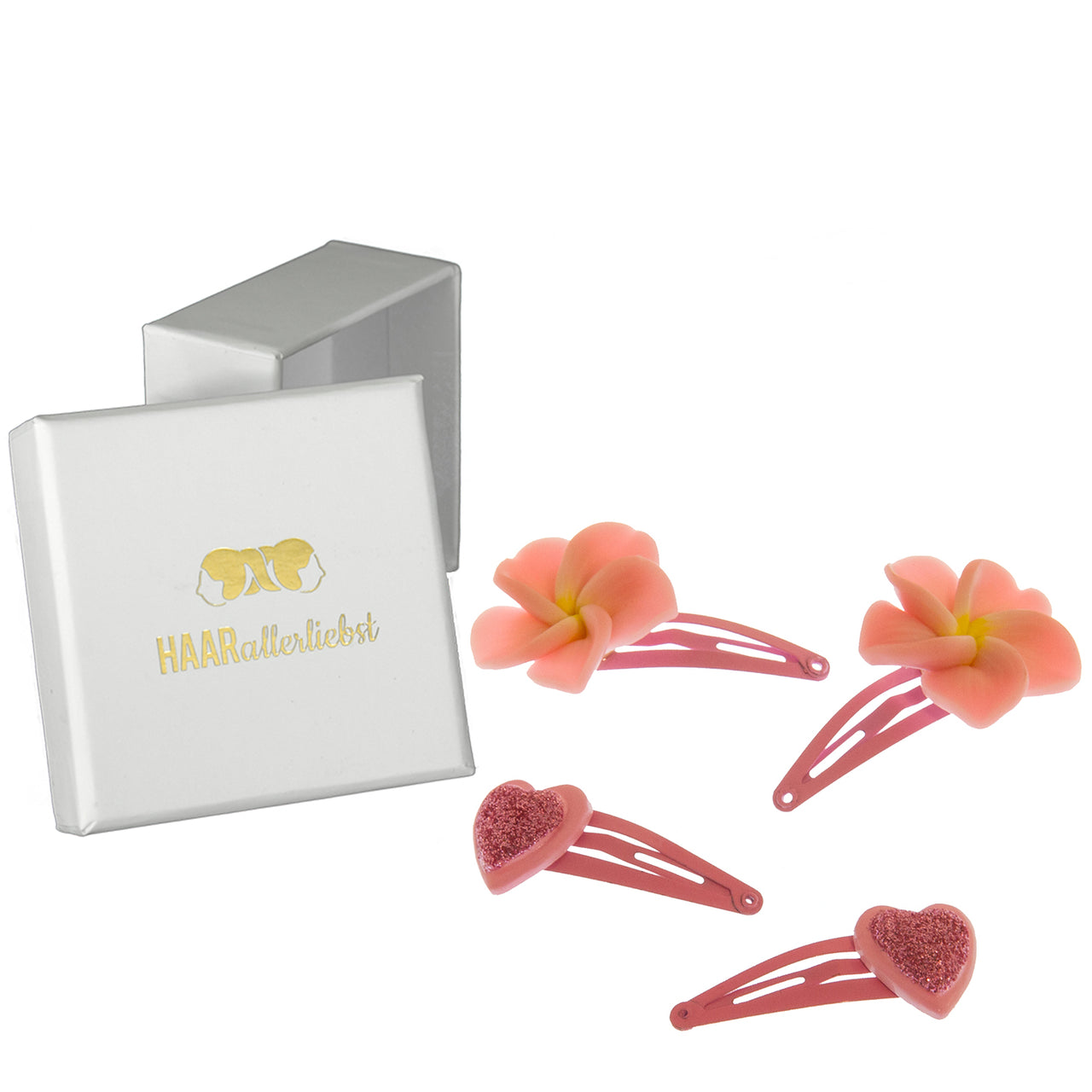 Haarspangen Set Herzen und Blumen (rosa | 4 Stück)