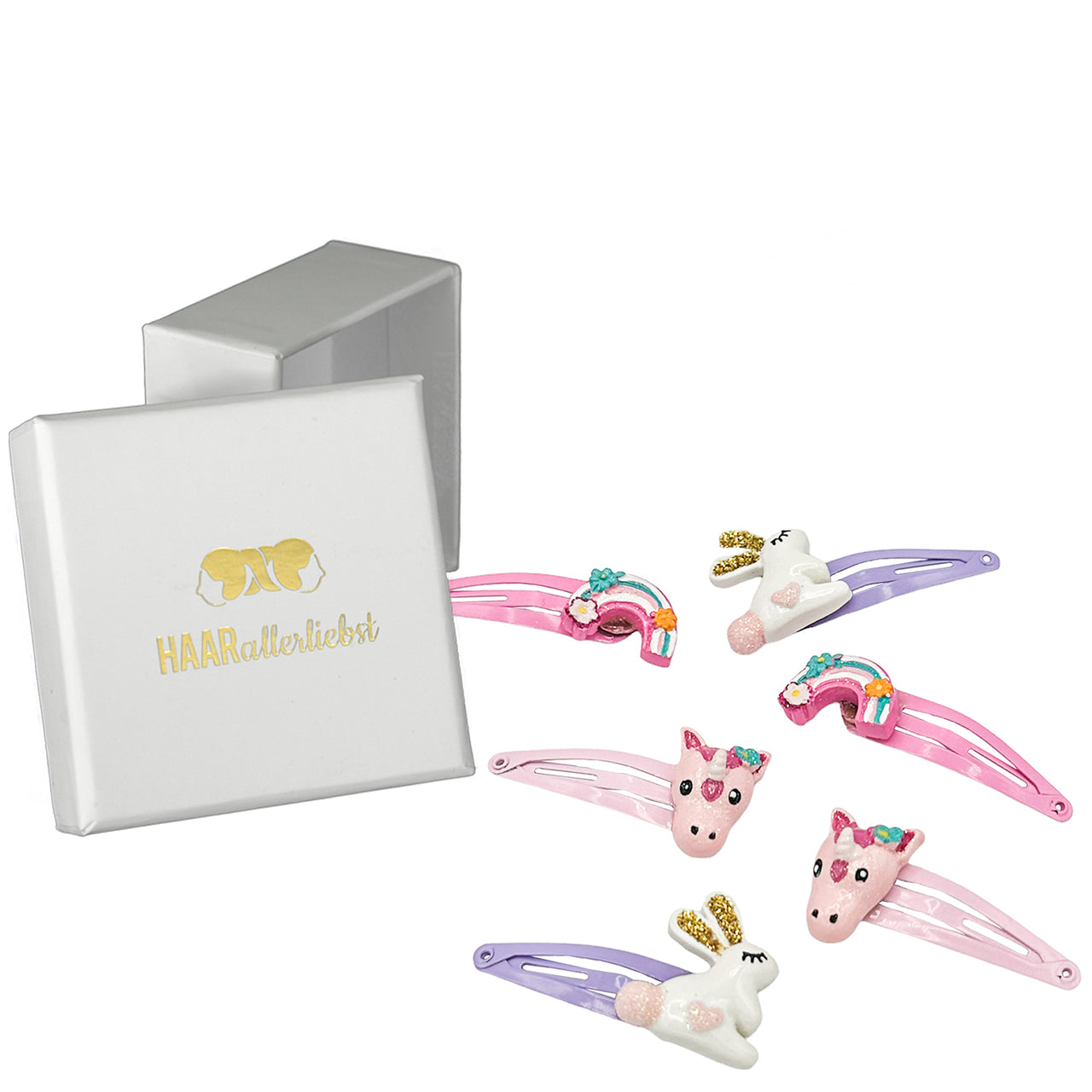 Haarspangen Set Hase, Einhorn und Regenbogen (rosa pink lila | 6 Stück)